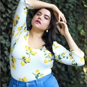 Forever 21 Fluted 3/4 Sleeve Lemon Print Bodysuit NWT